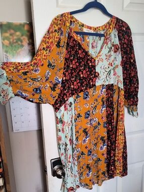 Umgee Mustard, Black & Mint Floral Patchwork Dress